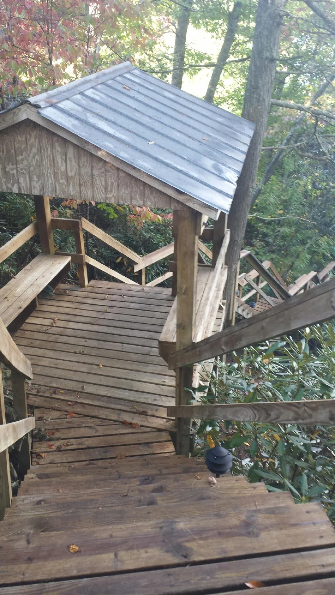 Metal roofed shelter over wooden steps on a wooded walkway — Skylight Repair & Installation work by our crew in Brasstown