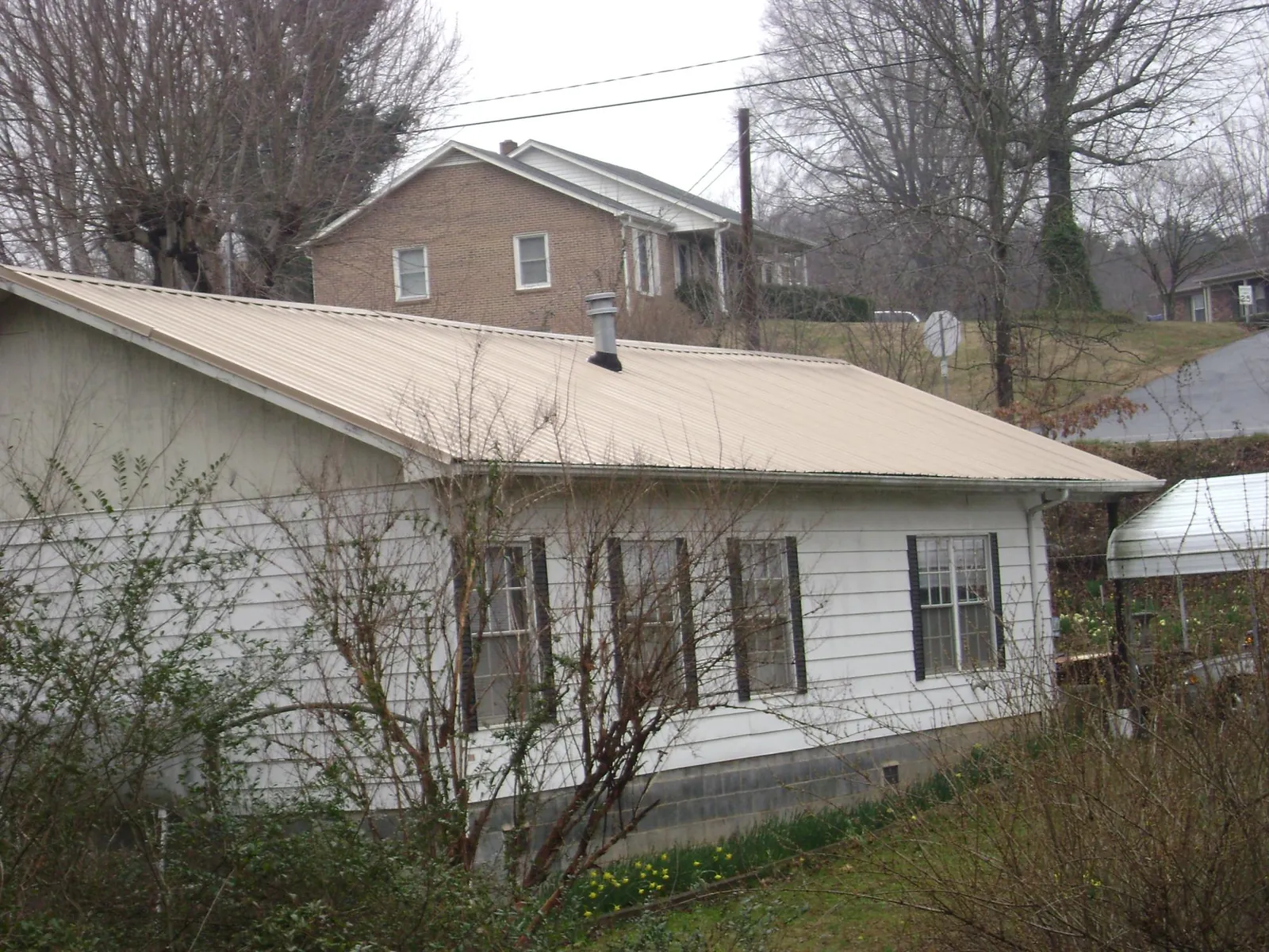 Tan metal roof on a white sided house set into a hillside — Commercial Roofing by Roofing Brothers in Brasstown